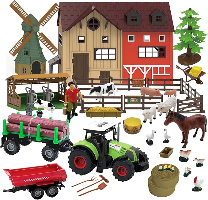 136PCS Farm Animals Toys Set Comes with Barn, Tractor Trailer, Milking shed, Windmill, Farmer, Fence - Playset for Kids Toddlers Boys Girls 5+ Years Old