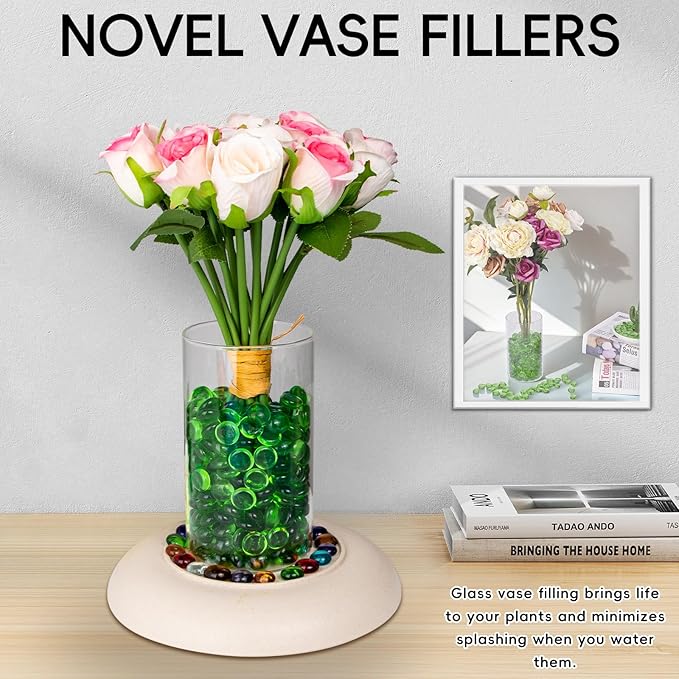 1 LB Green Glass Marbles, Mini Flat Glass Beads~150 PCS for Vase Fillers, Floral Bottom Mancala Gems Pebbles Fish Tank Rocks for Table Aquarium,Home Decor Art Craft Supplies(0.5"~0.7")