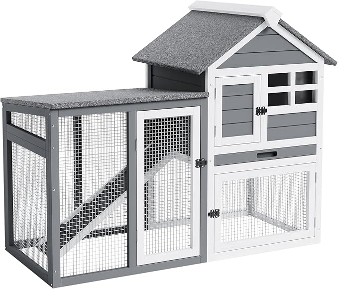 2-Tier Rabbit & Chicken House,Wooden Chicken Coop & Bunny Cage with Non-Slip Ramp, 4 Doors,Waterproof Roof & Pull-Out Tray,Outdoor/Indoor Pet Cage