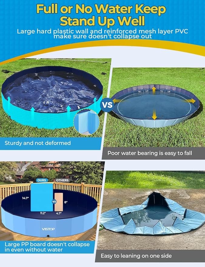 VISTOP Jumbo Foldable Dog Pool, Hard Plastic Shell Portable Swimming Pool for Dogs Cats and Kids Pet Puppy Bathing Tub Collapsible Kiddie Pool (97inch.D x 15.7inch.H, Blue)