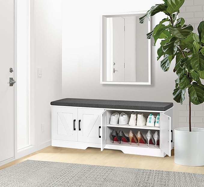 2-Tier Storage Bench, Shoe Bench with Padded Seat Cushion, Entryway Bench with 4 Barn Doors, Adjustable Shelf, 13.8" D x 47.2" W x 17.7" H, for Entryway, Living Room, Bedroom, White