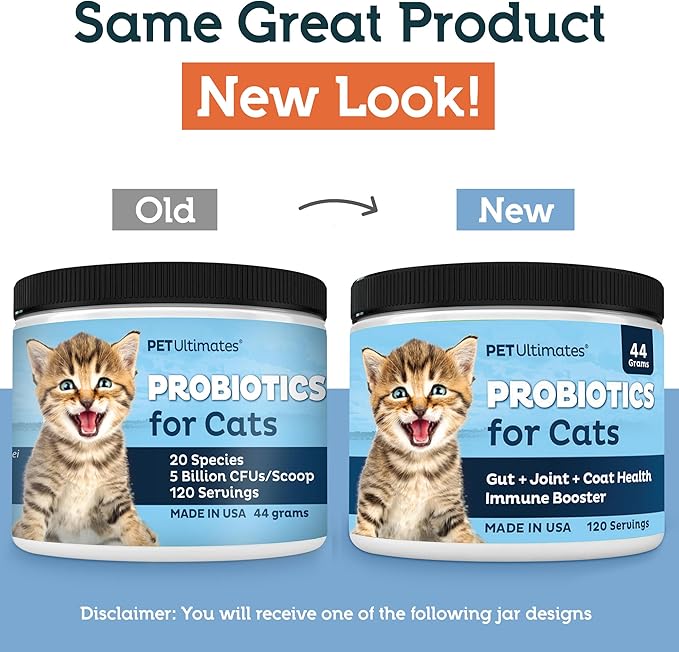 Pet Ultimates Probiotics for Cats – 20-Species Cat Probiotic Powder to Treat Diarrhea, Vomiting, Digestive Support & Cat Antibiotics Recovery – Cat Health Supplies (44 gr)