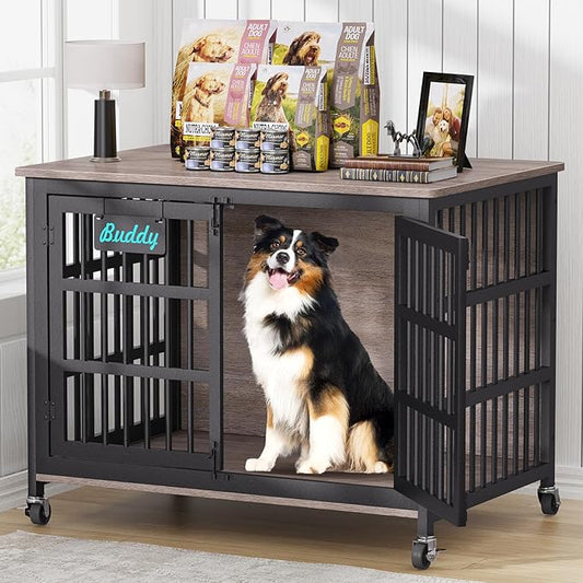 EasyCom 42"/41"/33" XL Dog Crate Furniture with Casters, Heavy Duty Dog Kennel Indoor for Large and Medium Dogs, Double-Doors Sturdy Dog Cage for Anxiety Dog, Decorate House as TV Stand, Bedside Table