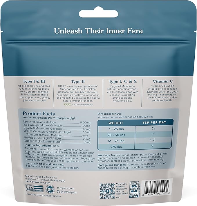 Fera Pets Cat & Dog Collagen Powder - Bone, Gut, Joint and Skin Supplement - 5 Types of Collagen + Clinically Studied UC-II® - 4.23 oz