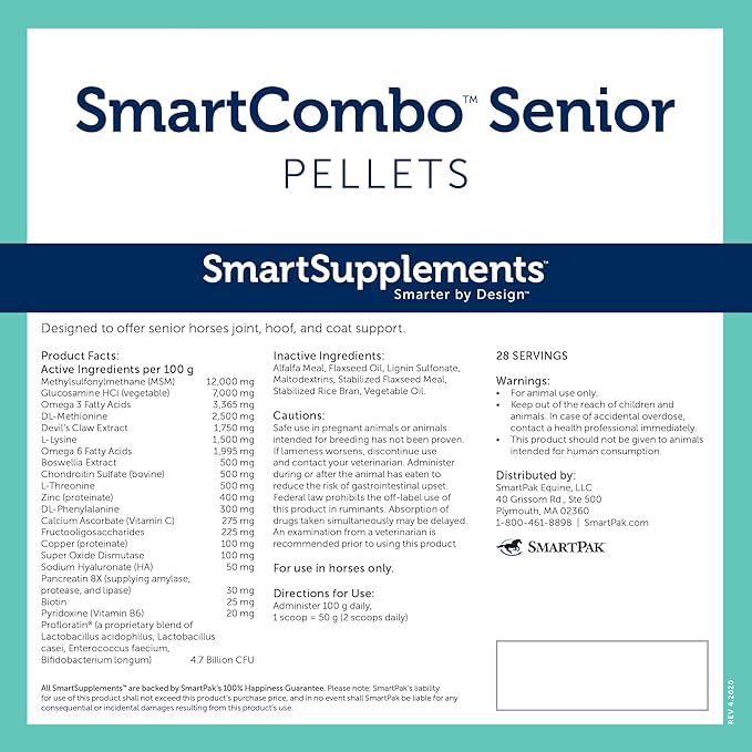SmartCombo Senior Pellets | Joint, Hoof, Skin, and Coat Supplement For Senior Horses | Contains Glucosamine, Hyaluronic Acid, MSM, Devil's Claw, Biotin, and More | 28 Servings | 6.2 lb Bag