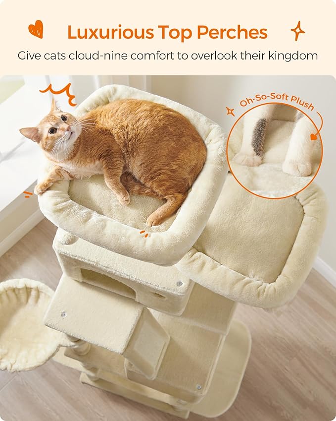 Feandrea Cat Tree, 81.1-Inch Large Cat Tower with 13 Scratching Posts, 2 Perches, 2 Caves, Basket, Hammock, Pompoms, Multi-Level Plush Cat Condo for Indoor Cats, Beige UPCT190M01