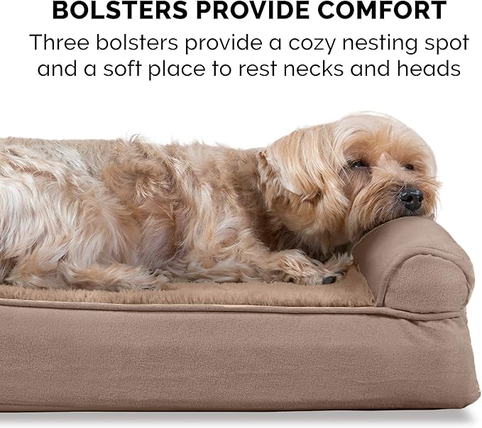 FurHaven Orthopedic Foam Sofa Dog Bed with Washable & Removable Cover - Plush/Suede - Almondine, Dogs Up to 35 lbs - Medium