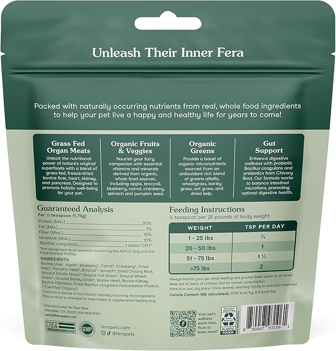 Fera Pets Whole Food Multivitamin Cat & Dog Food Topper with Probiotics, Antioxidants, & Essential Dog Vitamins & Minerals - Nutrients from Fruits, Vegetables, & Organ Meats - 3.7 oz