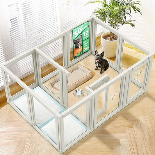 FXW AuraSpace Acrylic Indoor Unleashed Dog Playpen for Small and Medium Dogs, 30 Inch, 12 Panels, White