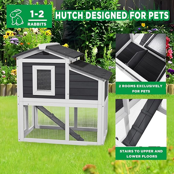 2 Story Rabbit Cage, Weatherproof Rabbit Hutch Indoor & Outdoor, Wooden Guinea Pig Cages with Removable Tray Openable Roof for Small to Medium Animals
