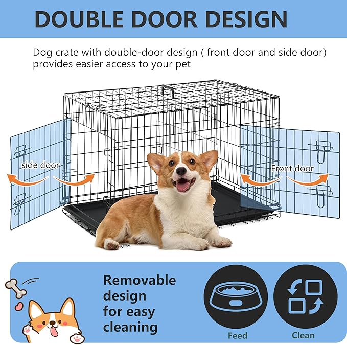 FDW 30 inch Dog Crate Dog Kennel Cage with Double Door Folding Metal Wire Dog Cage with Removable Tray&Divider Panel,Pet Crate for Medium Dogs,Black
