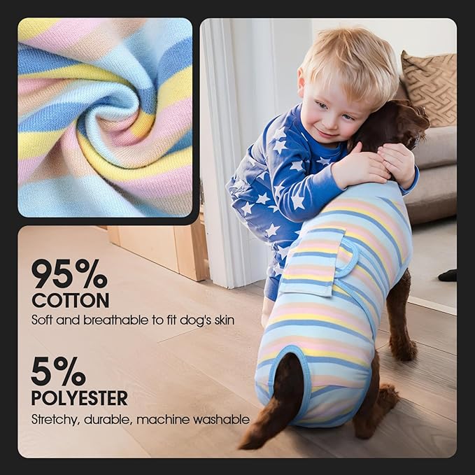 FUAMEY Recovery Suit for Dogs After Surgery,Soft Breathable Dog Bodysuit E-Collar & Cone Alternative Surgical Suit,Male Female Dog Neuter Spay Suits Anti Licking Wounds Onesie Blue Yellow Stripes XS