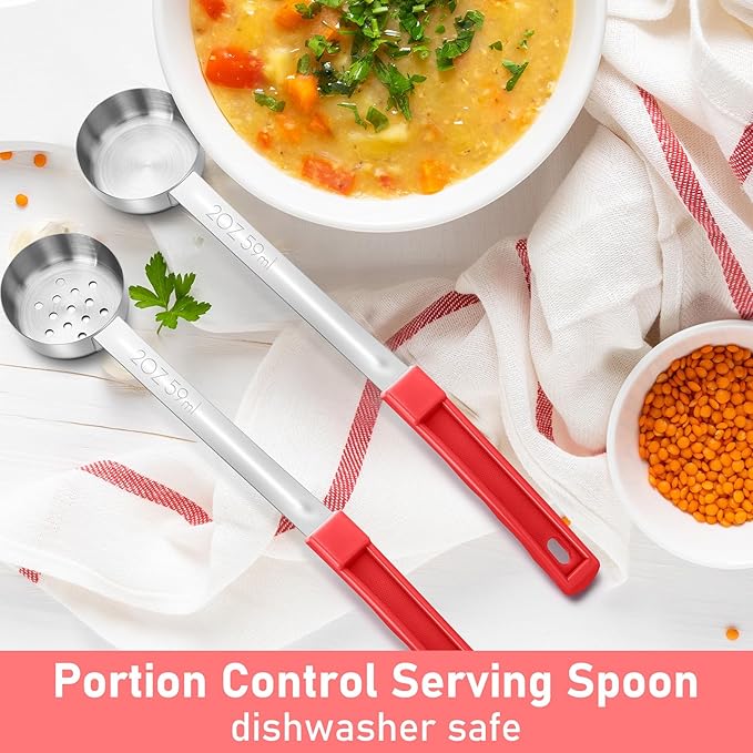 16 Pcs Portion Control Serving Spoons, Restaurant Measuring Serving Ladle Utensils, Portion Control Slotted Scoops for Weight Loss, Solid and Perforated Scoops(Red,2 oz)