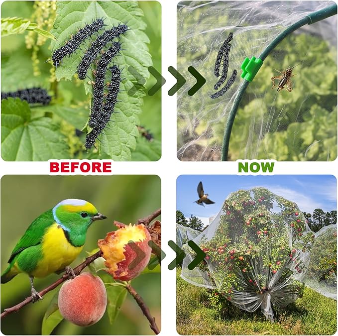 Garden Netting Mesh, 10X100 FT Garden Netting with 16 Cilps & Ultra Fine Mesh Net Bird Barrier Protection for Garden Vegetables Flowers Shrubs Fruit Trees Indoors & Outdoors Plant Beds Greenhouse