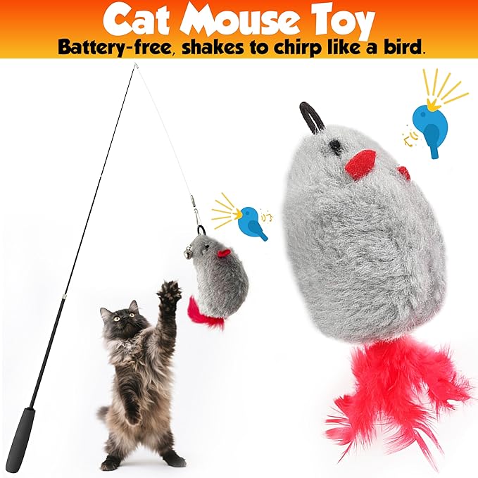 Retractable cat wand toys, 14PCS teaser refills-feather & worm refills and chirping mouse toy, interactive cat teaser toys for indoor cats, fishing pole games for bored indoor kitten exercise & play