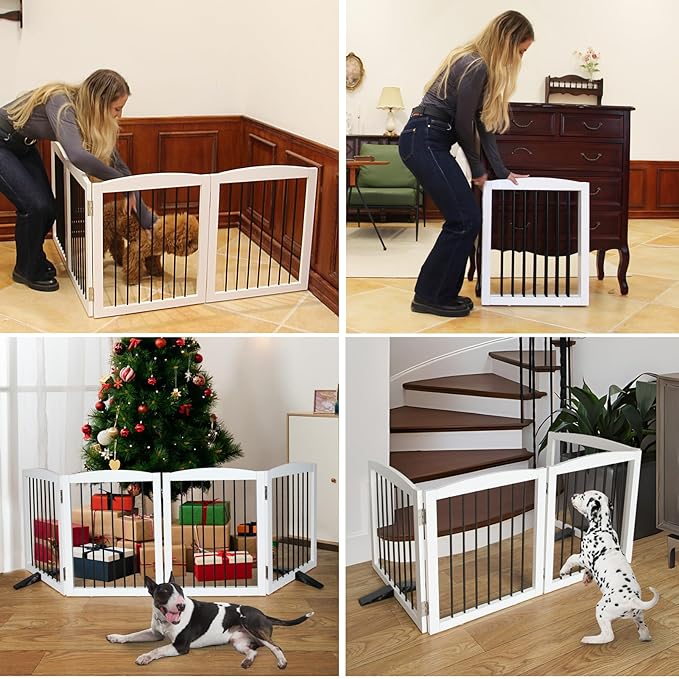 Freestanding Panel Dog Gate for Indoor Doorways, Stairs, or Hallways, Foldable Wooden Pet Gate, Support Feet Included, 24" Height-6 Panels, White