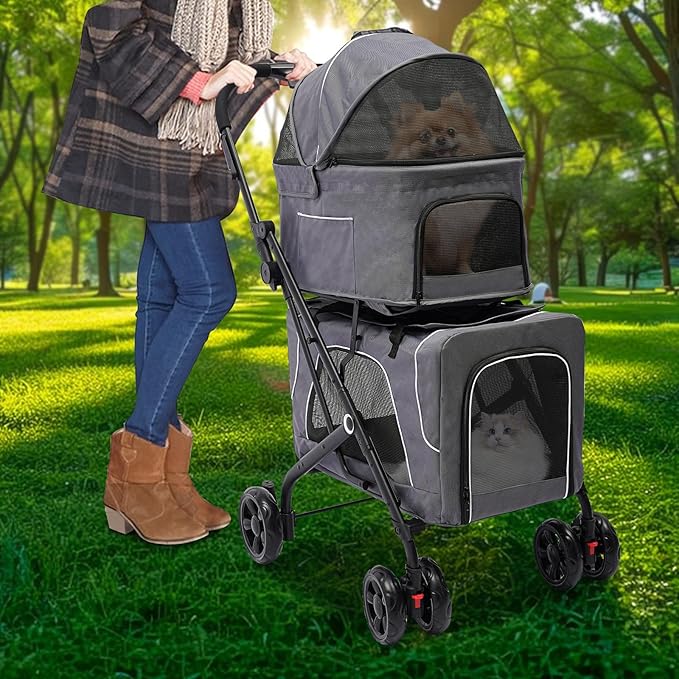 2 Tiers Pet Stroller,4 Wheel Dog Stroller Cat Strollers,3.07lbs Pet Gear Foldable Jogger Travel Cart,Grey Cat Carrying Cart with Storage Basket for Small Medium Pet (Grey)