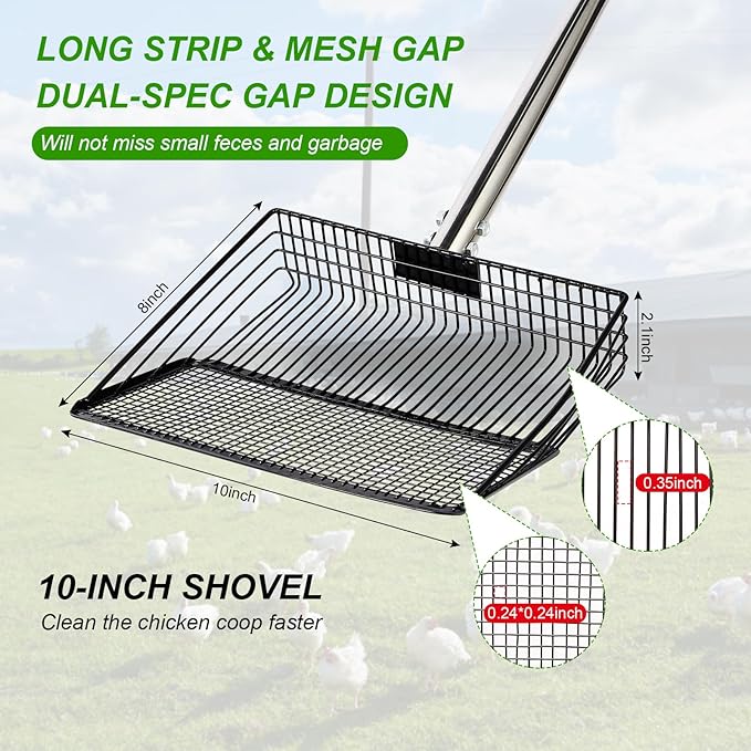 10inch Large Metal Chicken Poop Scooper, 36" to 75" Long Chicken Coop Litter Scoop with Stainless Steel Adjustable Handle, 4 in 1 Detachable Litter Sifting Shovel Scoop for Chicken Coop Accessories
