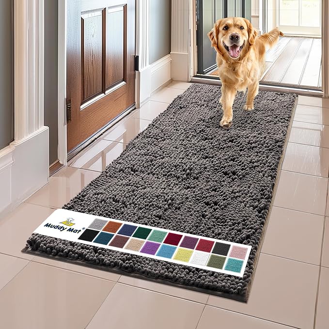 Muddy Mat® Original Dog Door Mat for Muddy Paws, Super Absorbent Microfiber, Non-Slip Washable Pet Rug, Quick Dry Chenille Entryway Carpet, Machine Washable Indoor Outdoor mat, Charcoal 24"x60"