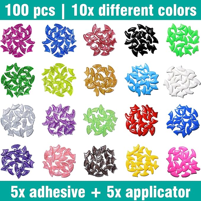 10x Colors / 100 pcs Cat Nail Caps | Cat Claw Covers with Adhesives and Applicators | Alpha (M)