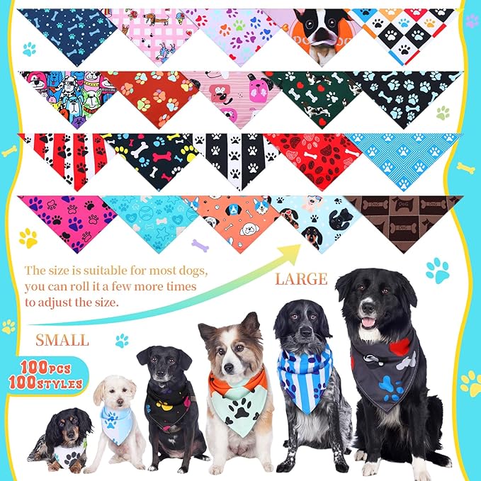 100 Pcs Paw Dog Bandanas Bulk Pet Bibs Colorful Triangle Scarf Paw Pattern Pet Bandanas for Medium Large Dogs Holiday Summer Birthday Costume Decor