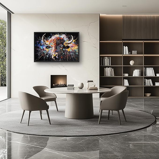 Framed Large Bison Buffalo Wall Art for Living Room, Oversized Graffiti Yak Cow Wall Decor Banksy Bull Canvas Painting Animal Pictures Modern Artwork for Living Room Bedroom Office 36"x24"