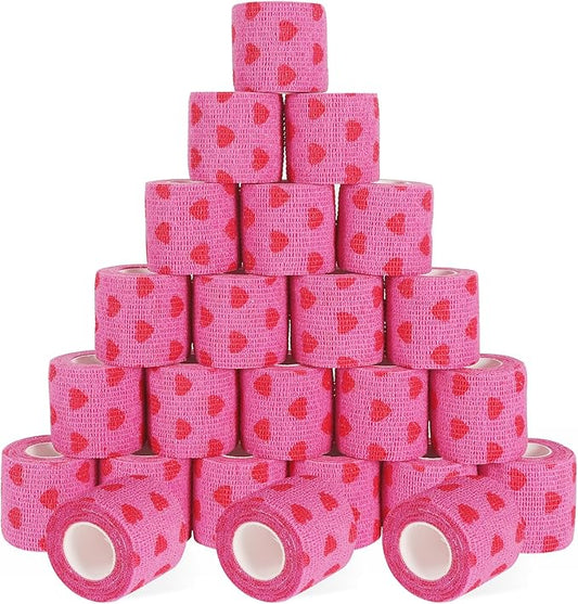 24 Pack Self Adhesive Vet Wrap & Medical Tape, 2 Inch x 5 Yards Cohesive Bandage Wrap - Pink Heart Grip Tape for Ankle, Wrist Sprains, Sports, Pet First Aid