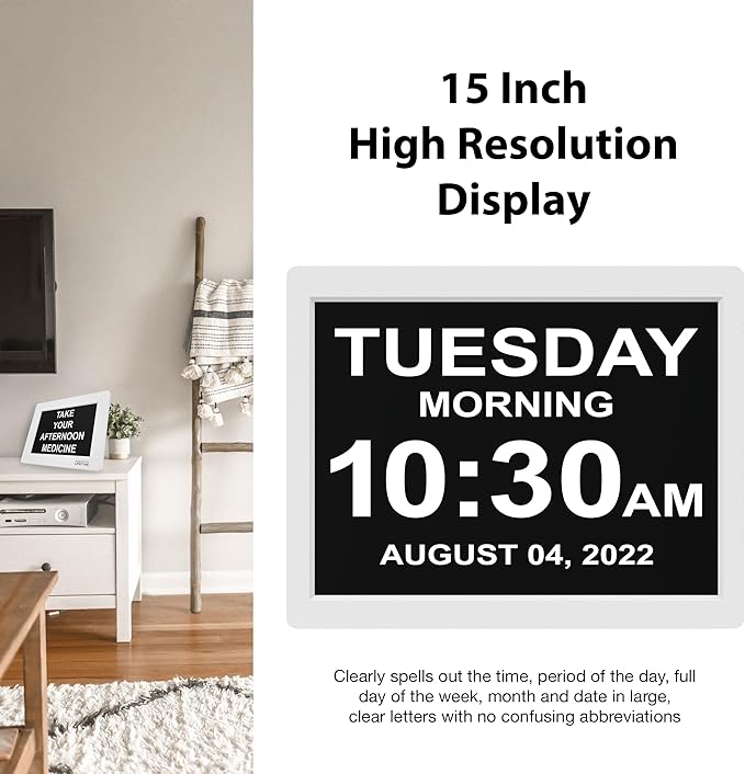 American Lifetime Dementia Clock - Large Digital Clock for Seniors, Custom Alarms, Day & Date Display, White, 15 Inches