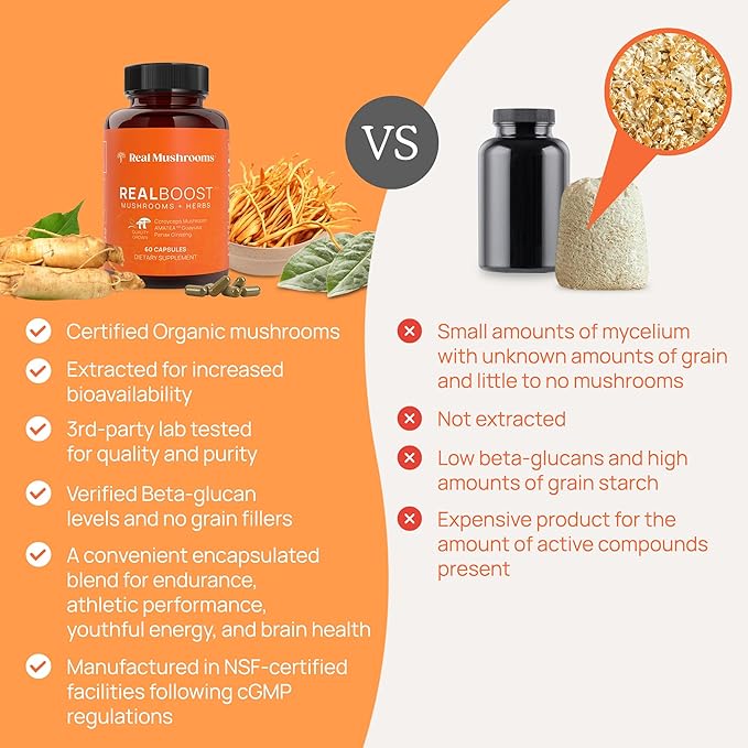 Real Mushrooms RealBoost Capsules – Cordyceps Mushroom, Panax Ginseng & Guayusa Extract – for Overall Wellness & Energy Support – Vegan, Non-GMO, No Fillers – 60 Count Mushroom Supplement Blend