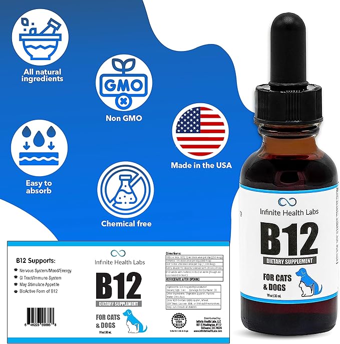 Liquid Vitamin B-12 for Dogs and Cats - Vet Formulated - Effective for All Animals Methylcobalamin (Methyl B12) - Energy, Appetite and Mood - Made in USA