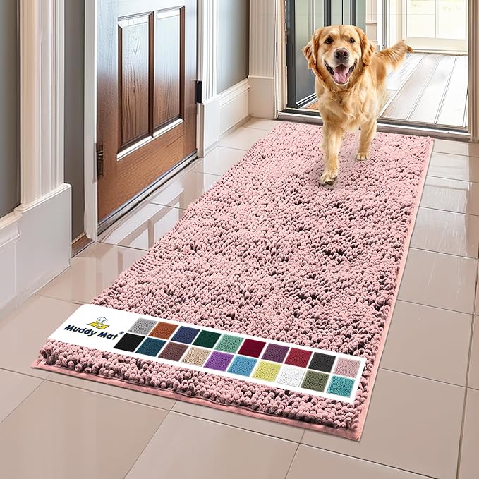 Muddy Mat® Original Dog Door Mat for Muddy Paws, Super Absorbent Microfiber, Non-Slip Washable Pet Rug, Quick Dry Chenille Entryway Carpet, Machine Washable Indoor Outdoor mat, Pink 24"x60"