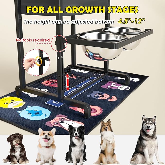 Elevated Dog Bowls, Height Adjustable Raised Dog Bowl Stand (4.5'' to 12''), Organizer Bowl Holder for Large Medium Dogs