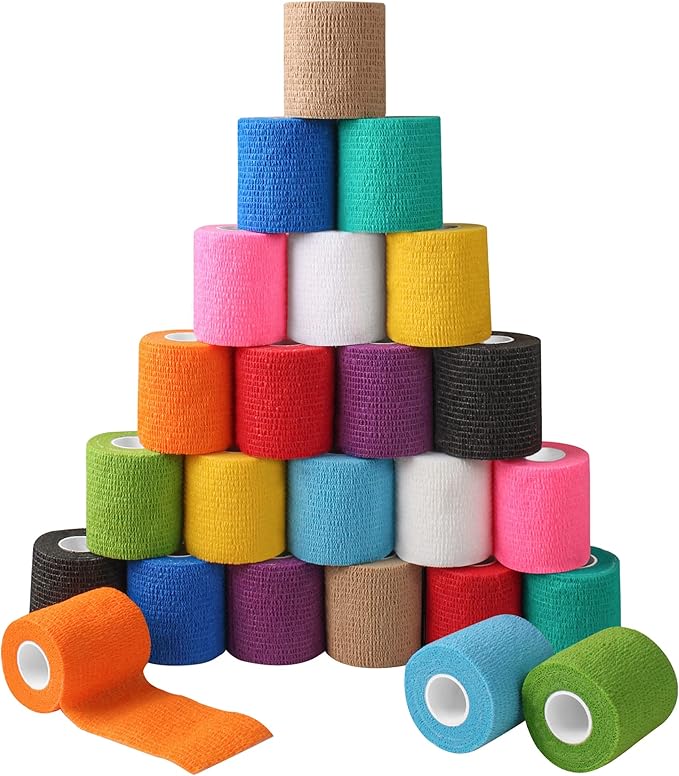 Self Adhesive Bandage Wrap - Pack of 24, Assorted Colors, Non-Woven, Breathable & Water-Resistant Vet Wrap for First Aid, Sports Injury, Body Sprains, & Pets - 2 Inch x 5 Yards