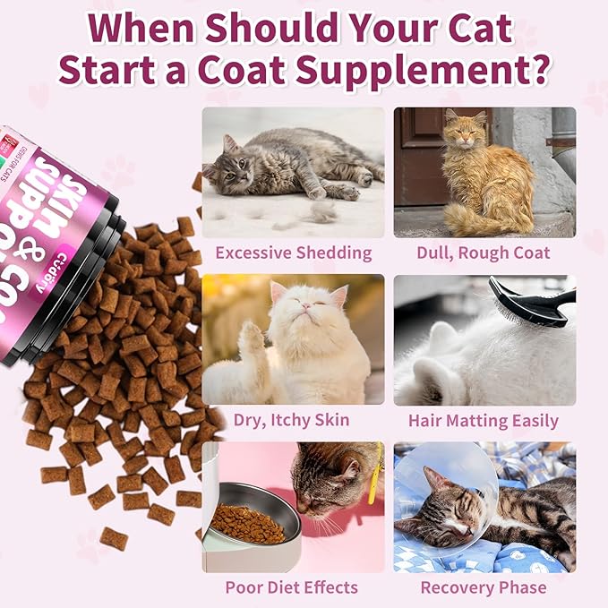 Natural Skin and Coat Support for Cats - Crunchy & Creamy Chews with Omega 3, Biotin & Vitamin E for Healthy Skin, Shiny Fur, Cat Supplements & Vitamins -Chicken（500 Chews