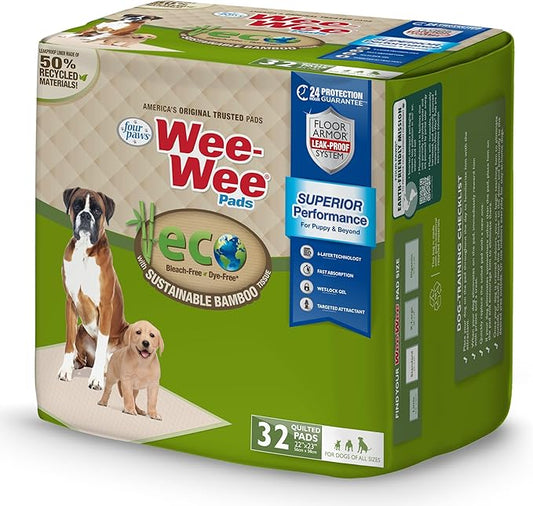 Four Paws Wee-Wee Superior Performance Bamboo Pee Pads for Dogs, Earth Friendly Dog & Puppy Potty Training Pads, Crate Liners, Housebreaking Supplies, 22" x 23" (32 Count)