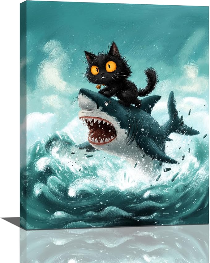 Funny Black Cat Bathroom Wall Art Cute Cat Riding Shark Canvas Wall Decor Animal Kitten Pictures Painting Print Artwork Framed Decorations Gifts for Cat Lover Kids Room Bedroom 16"x20"