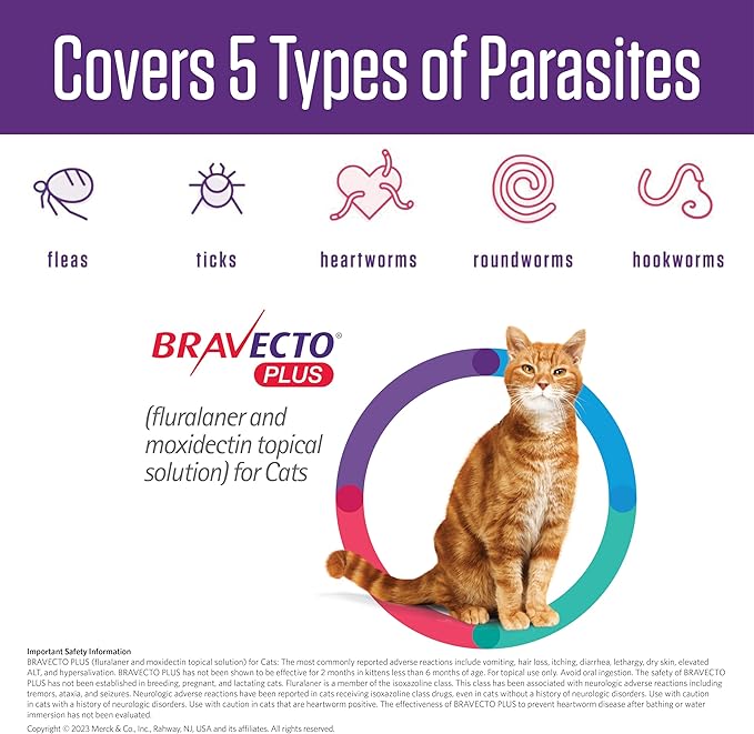 BRAVECTO PLUS Topical Solution for Cats, Flea, Tick & Heartworm, 2 Months Supply, 6.2-13.8 lbs., Blue Box