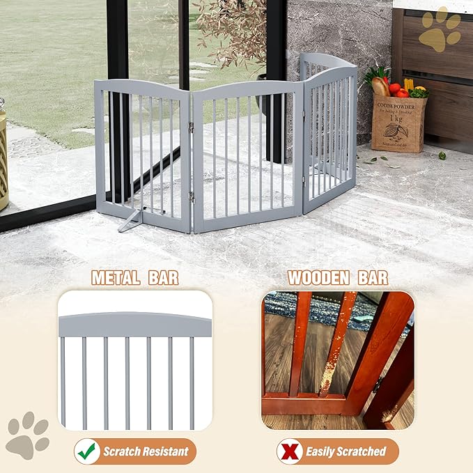 Freestanding Pet Gate - Foldable Wooden Dog Gate for House, Indoor, 80 Inch Wide, 4 Panels 24", Grey