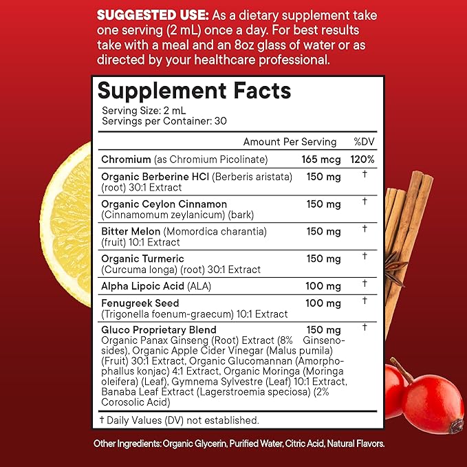 Berberine with Ceylon Cinnamon Supplement Liquid Drops + Bitter Melon Extract, Glucomannan, Gymnema, Chromium, Turmeric, Panax Ginseng, Moringa- 4 OZ