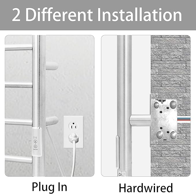 KEG Towel Warmer Wall Mounted with Built-in Timer 8 Bars Electric Stainless Steel Heated Towel Racks for Bathroom, Hot Plug-in Bath Towel Heater Brushed Nickel (TW-8-BN)