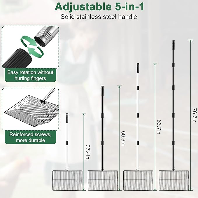 15-inch Large Chicken Poop Scooper, 5 in 1 Adjustable Chicken Coop Scoop with Ergonomic Grip, 24" to 77" Long Stainless Steel Sifting Litter Shovel Pooper Scooper Chicken Coop Accessories