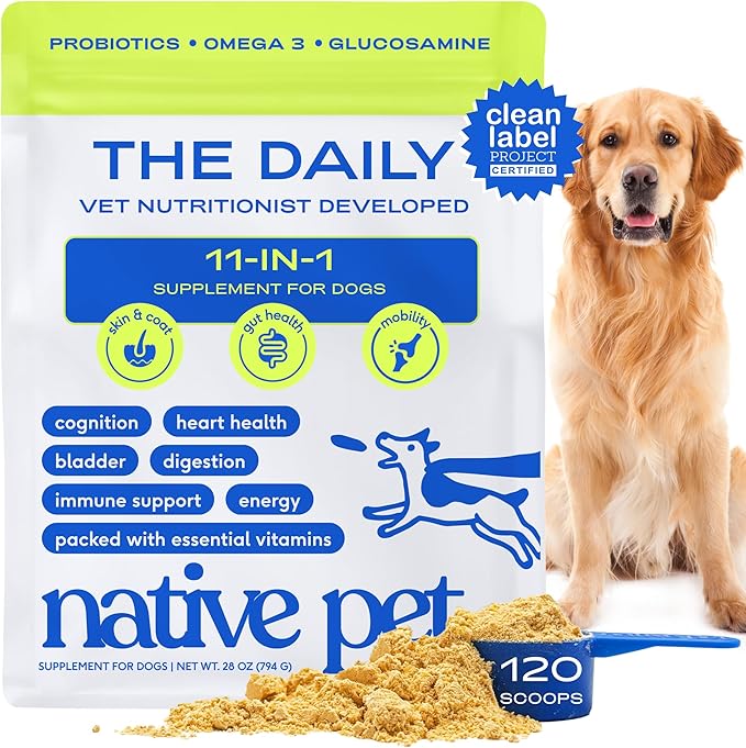 Native Pet Dog Vitamins & Supplements - 11-in-1 Multivitamin Powder for Dogs Food Topper - Collagen, Glucosamine, Probiotics, Omega & More- Supports Healthy Gut, Mobility & Overall Health -120 Scoops