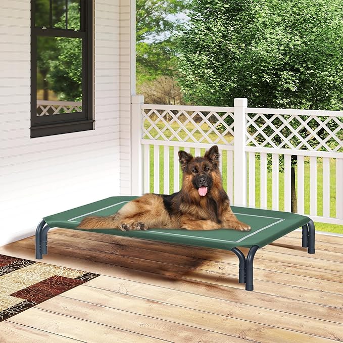 Elevated Dog Bed Raised Outdoor Dog Cot for Medium Dogs, Installation Requires No Tools, Frame with Washable Cooling Breathable Mesh Anti-Slip Feet, Indoor Pet Bed, Green, 35.4 Inches