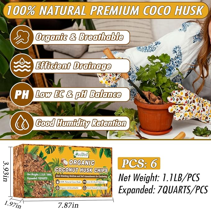 Zeedix 6 Pack Coco Husk Chips for Plants(6.6LB), 100% Organic Coconut Chips Mulch with Low EC & PH Balance, All Purpose for Indoor Plant Flowers Herbs Vegetables, Reptiles Terrarium Tanks Substrate