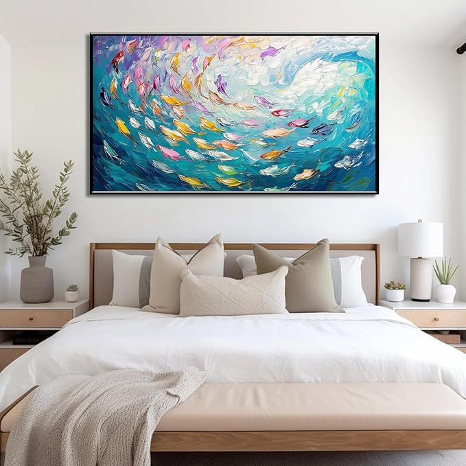 Fish Canvas Wall Art, Abstract School of Fish Canvas Wall Art, School of Fish Painting Canvas, School of Fish Wall Art, Fish Wall Decor, Fish Pictures Wall Decor, Bedroom Canvas Wall Decor (Gold Framed, 69"x39" | 174x98cm)