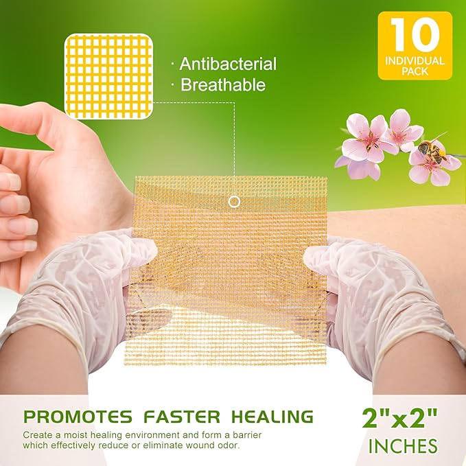 Manuka Honey Gauze Dressing 2"x2" Pack of 10, Manuka Honey Wound Care Bandage for Cuts, Scalds and Burns, Wound Dressing Products