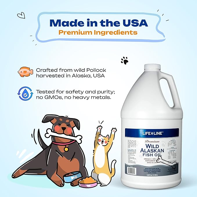Life Line Pet Nutrition Wild Alaskan Fish Oil for Dogs and Cats 128oz – Omega 3 Fish Oil Supplement for Skin & Coat, Brain, Eye & Heart Health