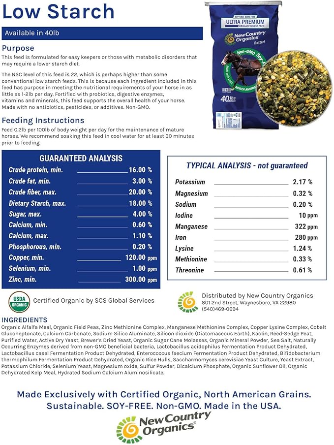 New Country Organics | Low Starch Horse Feed | Horse Food for Horses with Metabolic Disorders or Low Carb Needs | Corn-Free and Soy-Free | 16% Protein | Certified Organic and Non-GMO Feeder | 40 lbs