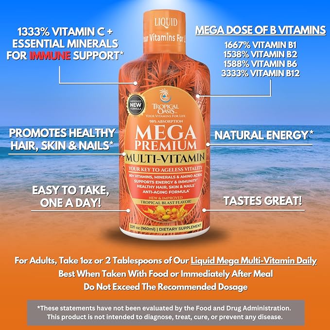 Mega Premium Liquid Multivitamin | Natural Immune Support Vitamin w/ 1333% Vitamin C, 200% D3, Zinc + 20 Vitamins, 70 Minerals, & 21 Amino Acids | Sugar Free | Orange Flavor | 98% Absorption | 32 Serv