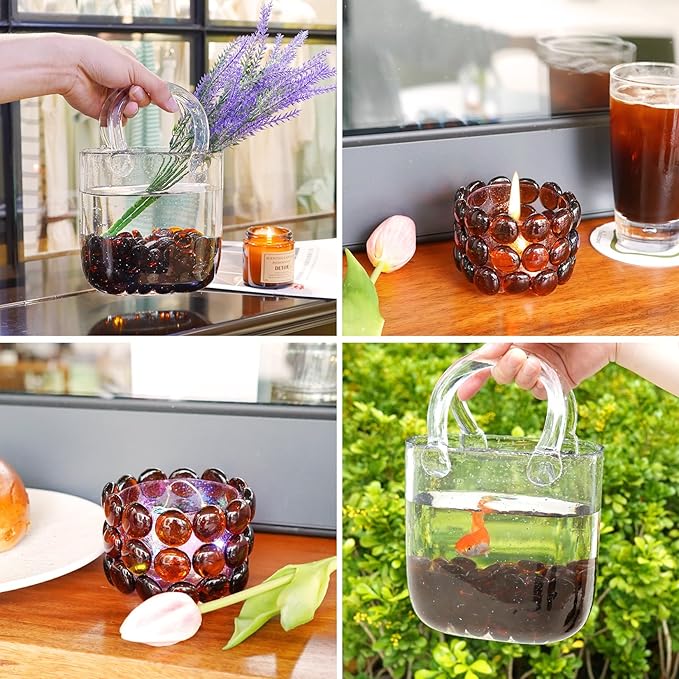 10LB Amber Flat Glass Marbles for Vases, Gemstone Beads Vase Filler Decorative Glass Pebbles for Fish Tank, DIY Crafts, Autumn Centerpieces, Aquarium Decor Rocks